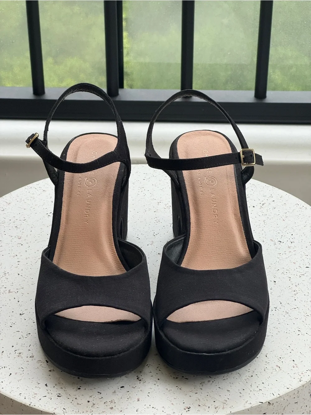 Chinese Laundry Black Platform Block Heel Sandals with Ankle Strap